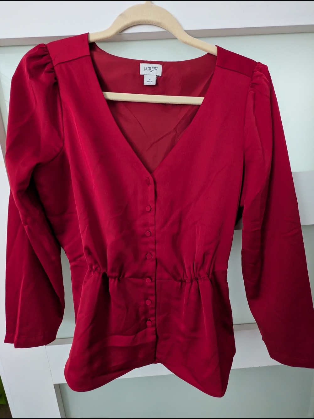 J. Crew Crimson Red V-Neck Button-Front Blouse
